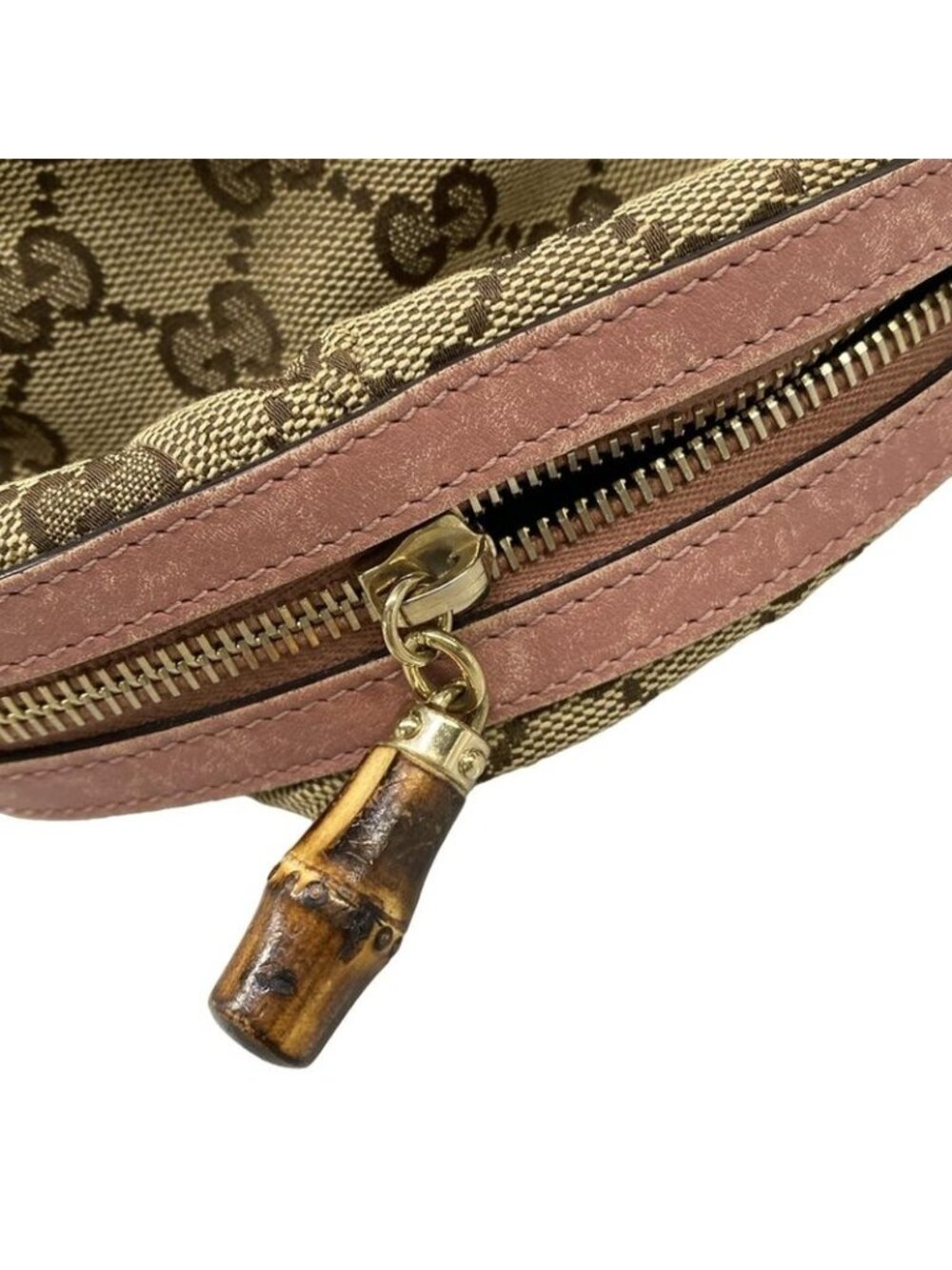 Gucci Pouch GG Pattern Bamboo Beige Pink Dark Brown Leather - Picture 7 of 7